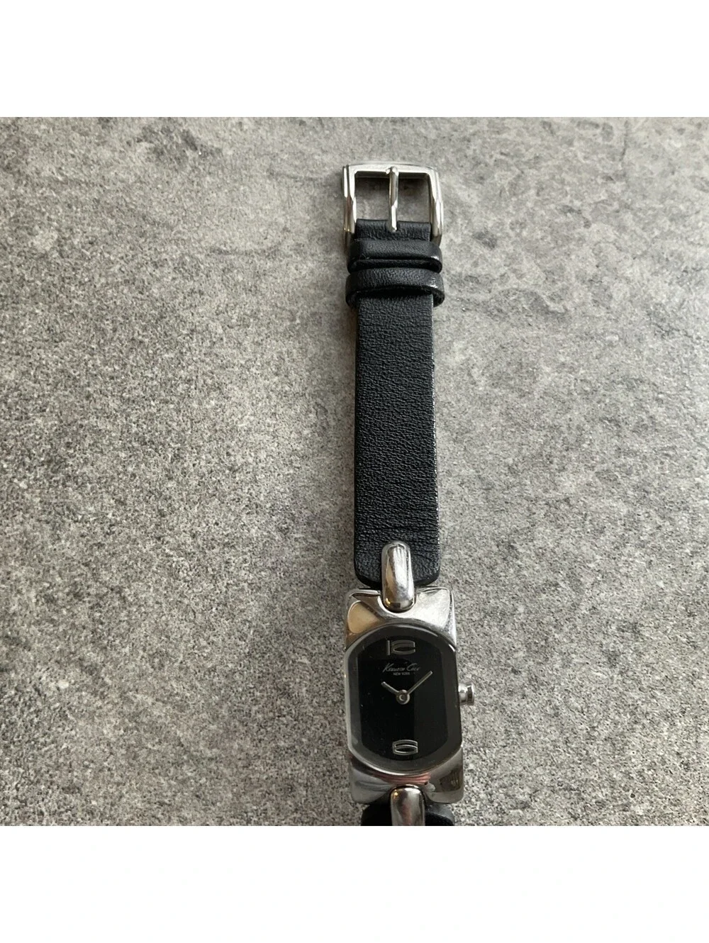 Kenneth Cole Womens Tank Style Watch 17mm Silver Tone Case Black Leather Band D2
